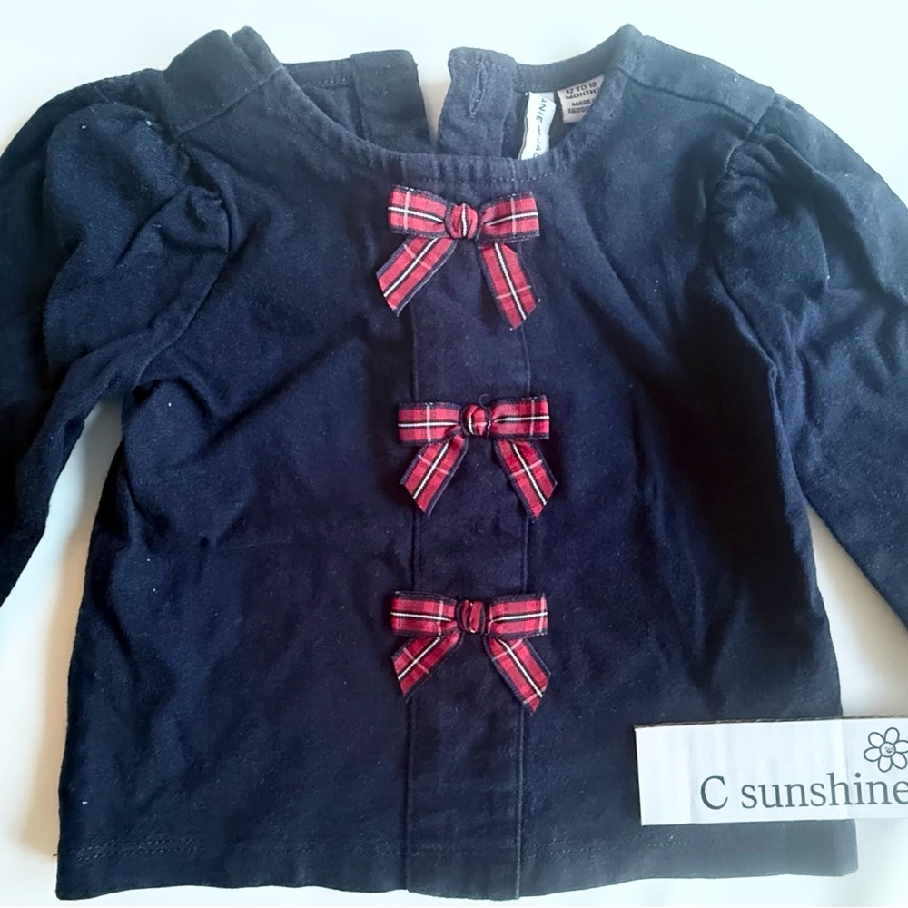 Janie and Jack Navy Top with Red Plaid Bows